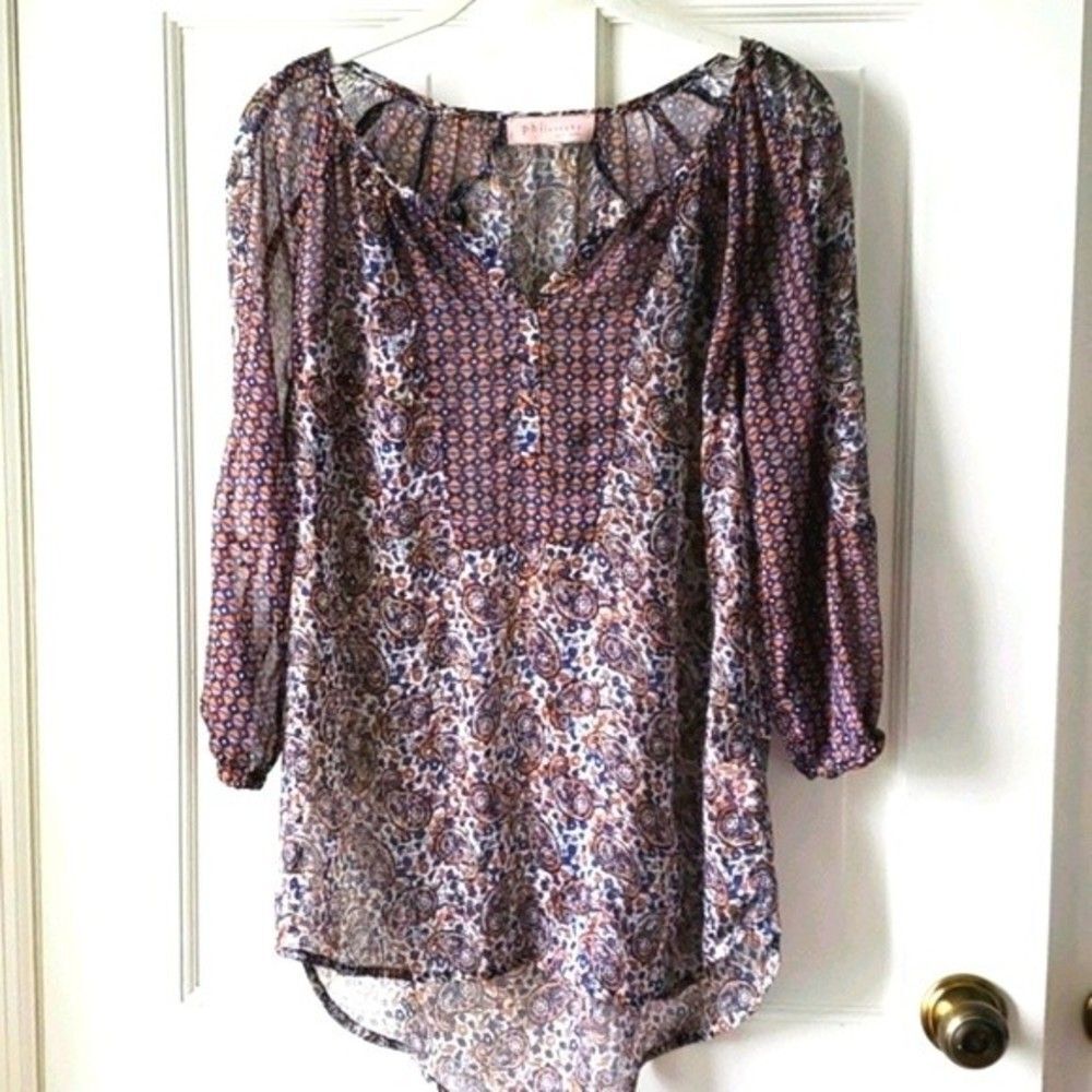 PHILOSOPHY REBUBLIC SHEER BOHO PEASANT BLOUSE SIZE MEDIUM FESTIVAL MIXED MEDIA